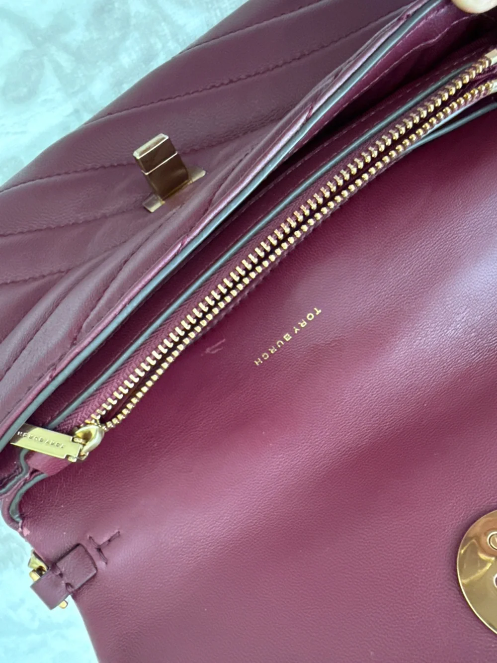 TORY BURCH Kira Chevron Quilted Leather Chain Strap Crossbody Bag in Burgundy
